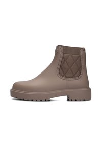 Braune Gummistiefelette mit einem strukturierten Stoffeinsatz, gestepptem Muster und geriffelter Sohle. Verfügt über ein elastisches Seitenteil für leichteres An- und Ausziehen.