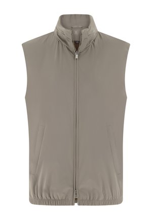 Light gray sleeveless vest with high collar, zip closure, two side pockets, and elasticated hem. Made from smooth, lightweight material.