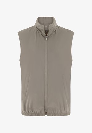 Světle šedá vesta bez rukávů s vysokým límcem, zipovým uzávěrem, dvěma bočními kapsami a elastickým lemem. Vyrobena z hladkého, lehkého materiálu.