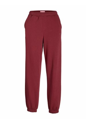Rødbrune sweatpants med elastisk talje, sidelommer og elastiske manchetter, designet til afslappet og komfortabelt brug.