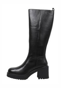 Bottes noires en cuir hautes jusqu'au genou avec un talon épais, un bout arrondi et une semelle texturée. Présente des détails de couture sur le côté.