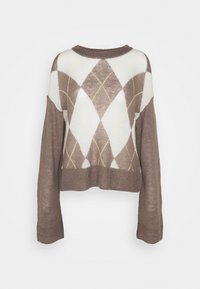 Brun og hvid cropped sweater med et argyle mønster og gule accenter, lange ærmer og rund halsudskæring i et blødt, struktureret stof.