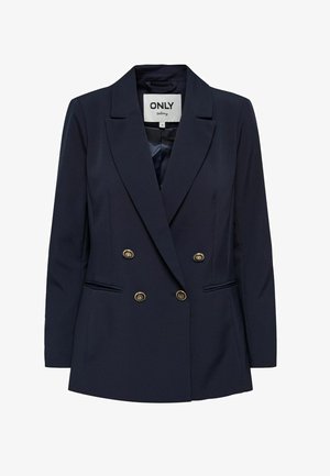 Blazer navy con design doppiopetto, rever a punta, due tasche frontali e bottoni color oro. Realizzato in tessuto liscio con una leggera lucentezza.