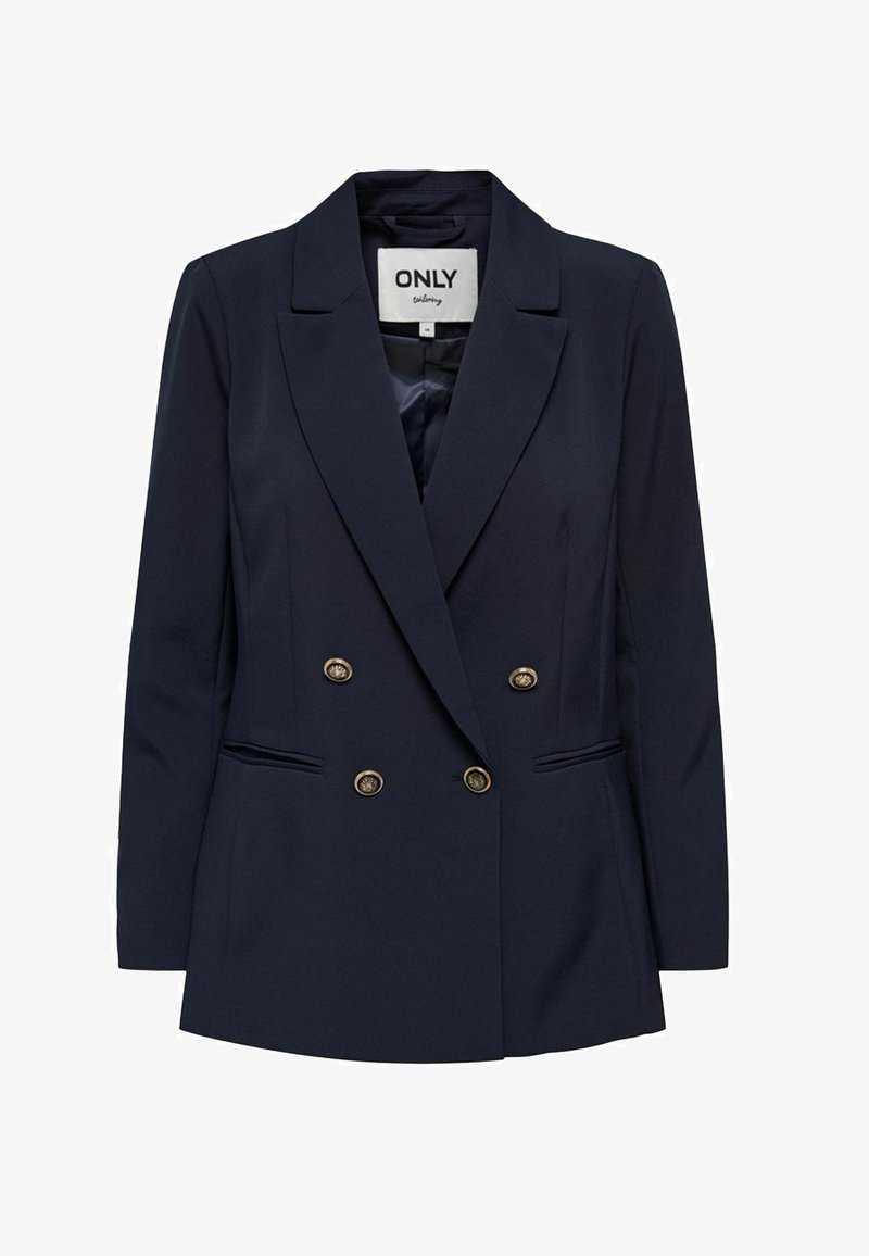 Navy blazer with double-breasted design, notched lapels, two front pockets, and gold-tone buttons. Made of smooth fabric with slight sheen.