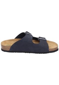 Navy blue leather slide sandal featuring two adjustable straps, a cork footbed, and a textured rubber sole.