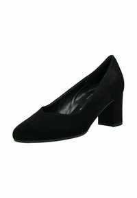 Escarpin femme en daim noir avec bout arrondi et talon bloc, vue en angle montrant une texture lisse et une semelle intérieure.