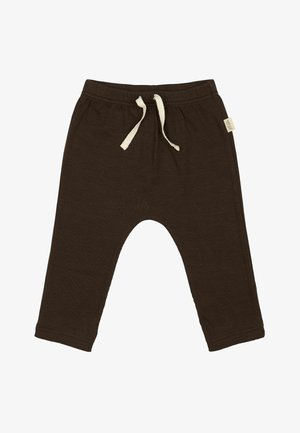 Pantalons marron côtelés avec une coupe décontractée, dotés d'une taille élastique et d'un cordon de serrage blanc cassé. Étiquette sur le côté avec un design minimaliste.