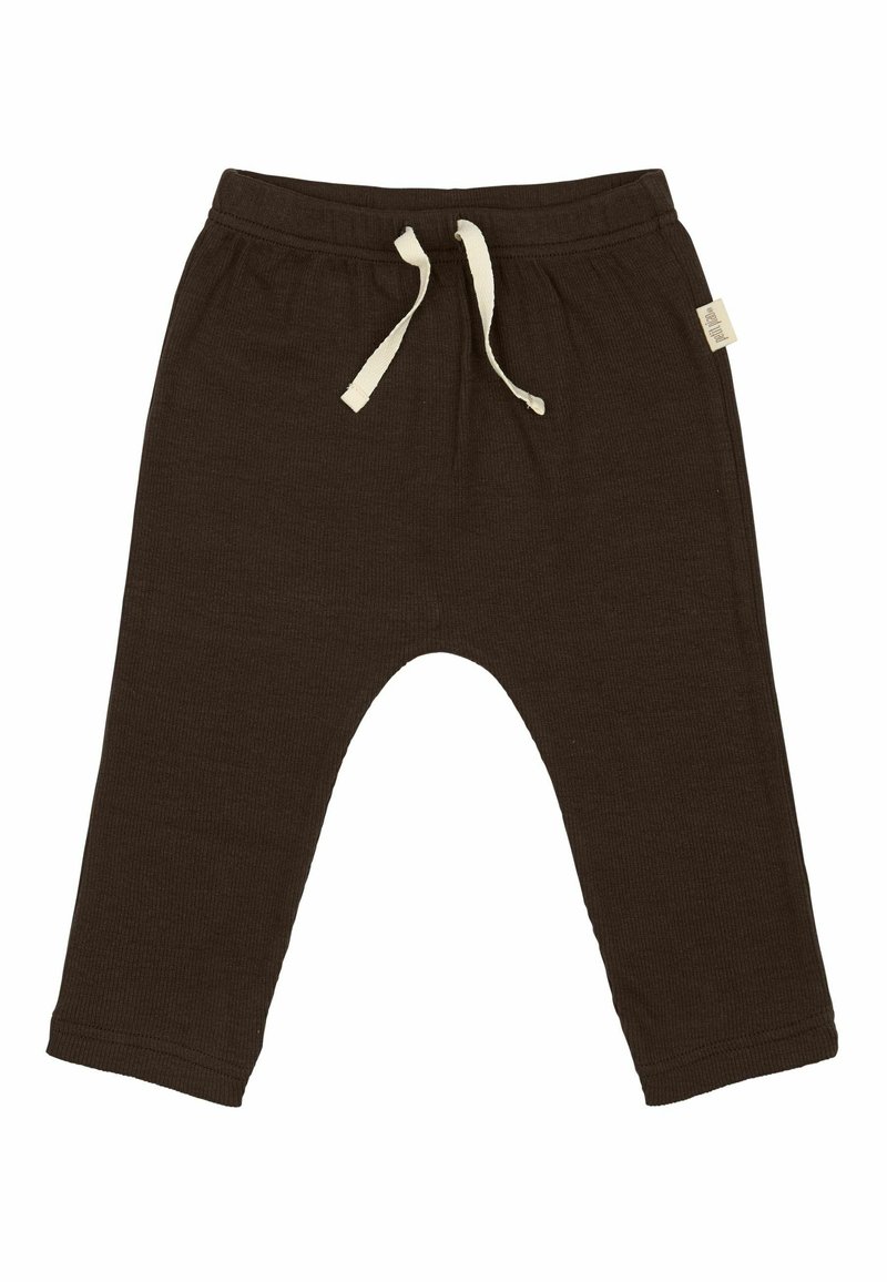 Barna bordázott nadrág, laza fitnesz stílussal, rugalmas derékkal és off-white zsinórral. Minimális dizájnnal ellátott címke az oldalon.