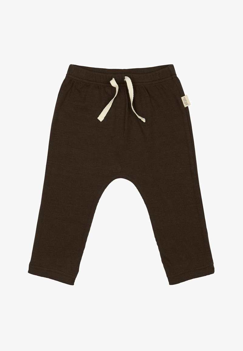 Braune gerippte Hose mit lockerer Passform, ausgestattet mit einem elastischen Bund und einem off-white Kordelzug. Etikett an der Seite mit minimalistischem Design.