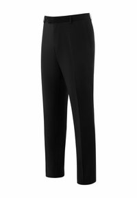 Zwarte broek van gladde stof, met een recht model, een platte tailleband en discrete zijzakken.