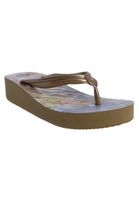 Sandaña marrón de flip-flop con suela de cuña texturizada, que presenta una correa en forma de V brillante y una plantilla estampada en colores suaves.