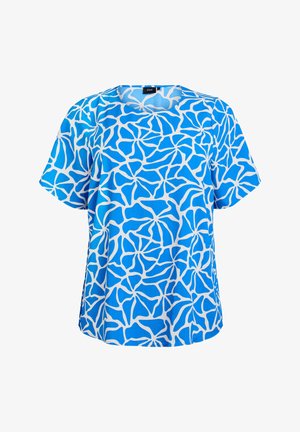Blue short-sleeve top with a white abstract pattern. Features a round neckline and a relaxed fit. Soft fabric, smooth texture.