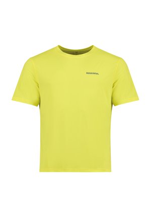 Camiseta de manga corta y cuello redondo en amarillo brillante, hecha de un tejido ligero. Presenta un pequeño logo negro de "ROSSIGNOL" en el pecho.