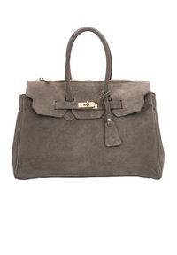 Szara zamszowa torebka z podwójnymi uchwytami, zamknięciem na suwak, zaokrągloną klapką oraz złotymi detalami metalowymi. Posiada odpinany brelok jako dodatek.