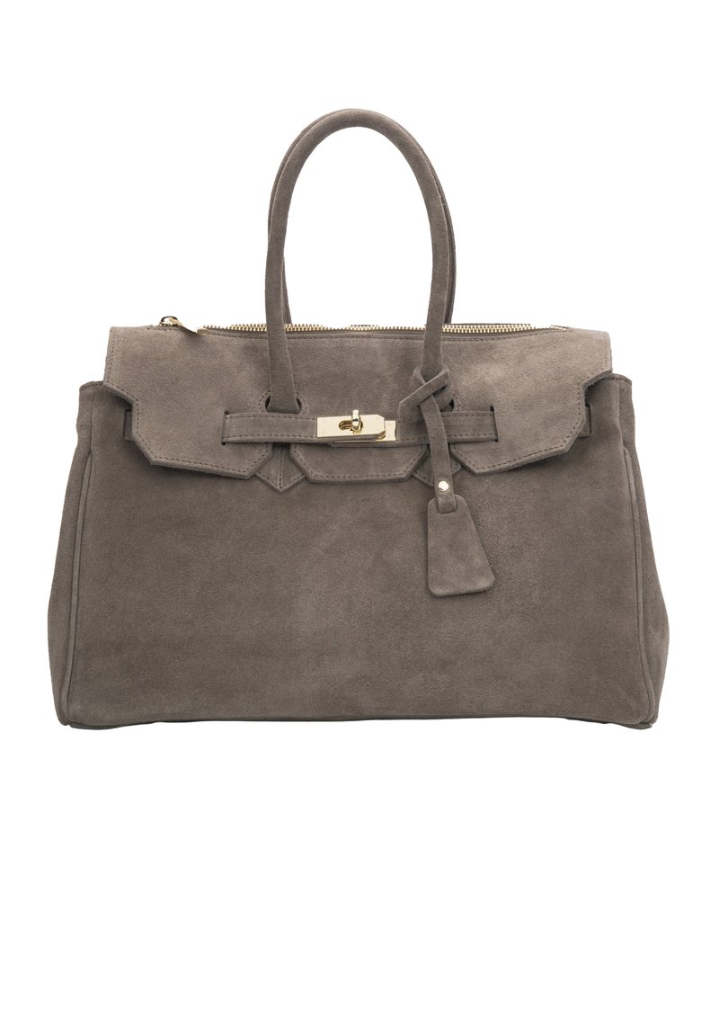 Szara zamszowa torebka z podwójnymi uchwytami, zamknięciem na suwak, zaokrągloną klapką oraz złotymi detalami metalowymi. Posiada odpinany brelok jako dodatek.