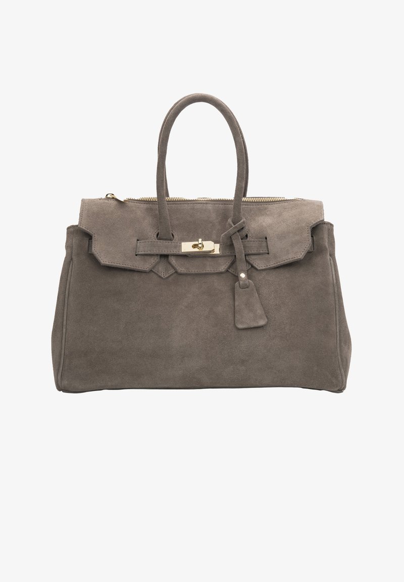 Szara zamszowa torebka z podwójnymi uchwytami, zamknięciem na suwak, zaokrągloną klapką oraz złotymi detalami metalowymi. Posiada odpinany brelok jako dodatek.