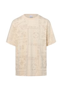 Beige T-shirt met korte mouwen en een overal paisleypatroon, met een ronde halslijn en een ontspannen pasvorm. Zachte, lichte stoftextuur.