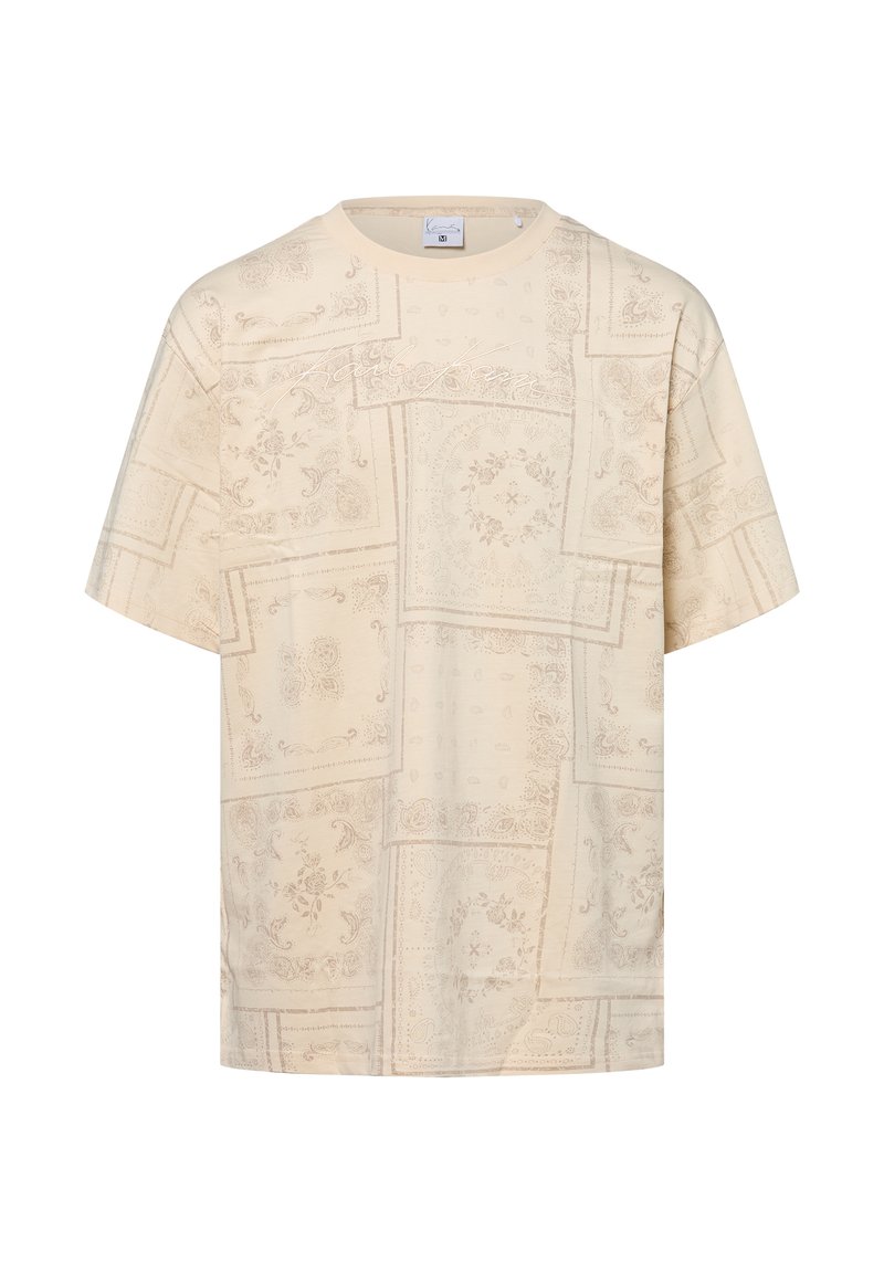 Beige T-shirt met korte mouwen en een overal paisleypatroon, met een ronde halslijn en een ontspannen pasvorm. Zachte, lichte stoftextuur.