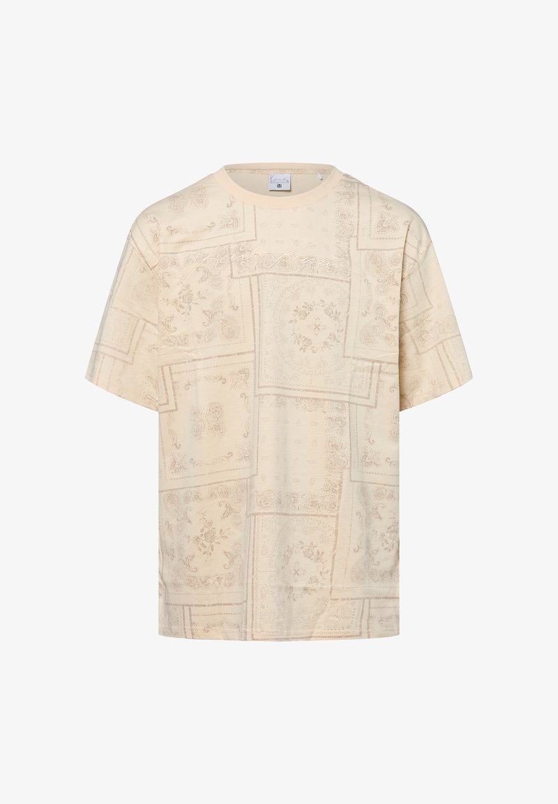 Beige T-shirt met korte mouwen en een overal paisleypatroon, met een ronde halslijn en een ontspannen pasvorm. Zachte, lichte stoftextuur.