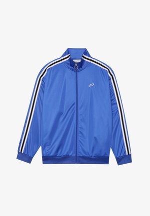 Blauwe sportjack gemaakt van glanzend materiaal, met witte en zwarte gestreepte accenten langs de mouwen, hoge kraag en een ritssluiting aan de voorkant.