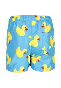 Blauwe zwemboxers met een herhaald patroon van gele rubberen eenden. Elastische tailleband met een achterzak en een drukknoopaccent.