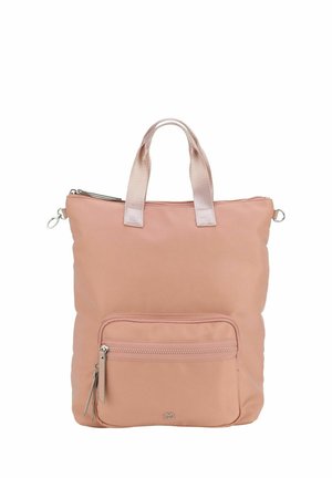 Borsa tote in nylon rosa con doppi manici in tessuto, chiusura superiore con zip e tasca frontale con dettaglio zip. Texture liscia, design minimalista.
