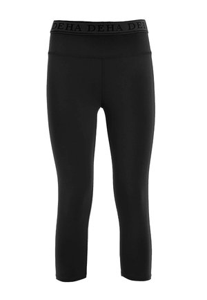 Leggings neri realizzati in materiale elasticizzato, dotati di un'alta vita con un cinturino logo testurizzato. Tagliati a lunghezza crop con cuciture sottili.