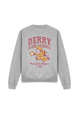 Gray sweatshirt with "Derry High School" text, running mascot holding a baseball, and "Home of the Trappers" slogan in red and yellow.