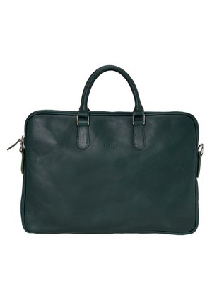 Malette en cuir vert foncé avec double poignées supérieures, fermeture éclair et design minimaliste. Dotée d'une petite poche zippée sur un côté.