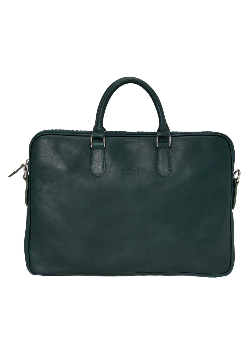 Donkergroene leren aktetas met dubbele handvatten bovenaan, ritsluiting en een minimalistisch ontwerp. Bevat een klein ritsvak aan de zijkant.