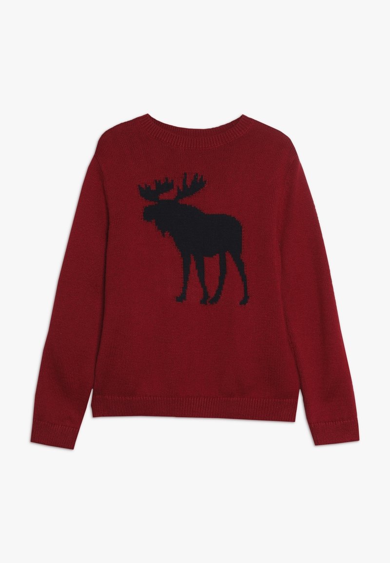 Pull rouge à manches longues avec une silhouette noire d’élan centrée sur le devant.
