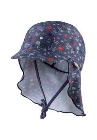 Navy sun hat with a wide brim, featuring a marine pattern of turtles, crabs, and coral. Includes a neck flap and adjustable chin strap.