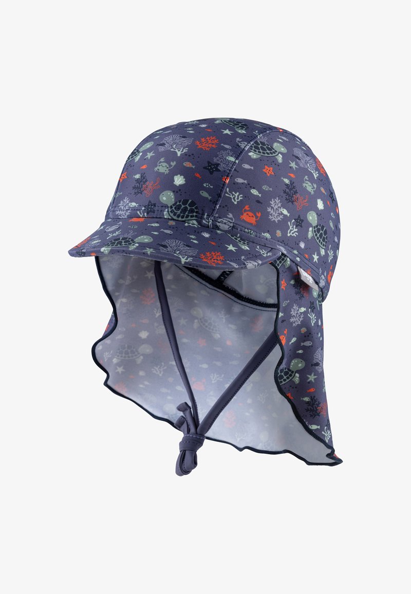 Marineblauer Sonnenhut mit breiter Krempe, versehen mit einem maritimen Muster aus Schildkröten, Krabben und Korallen. Inklusive Nackenklappe und verstellbarem Kinnband.