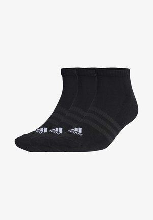 Black ankle socks made of cotton blend, featuring a ribbed design, three pairs, and white Adidas logo with two horizontal stripes.