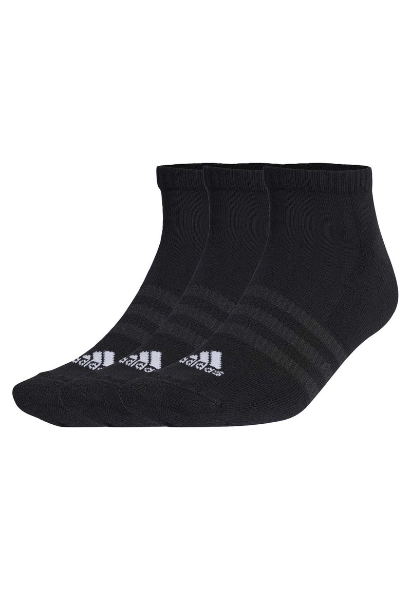 Chaussettes noires à la cheville en mélange de coton, présentant un design côtelé, vendues par trois paires, avec le logo Adidas blanc et deux rayures horizontales.