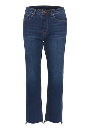 Dark blue denim jeans with a straight leg cut, featuring slight fraying at the hem and contrasting yellow stitching. Five-pocket design.
