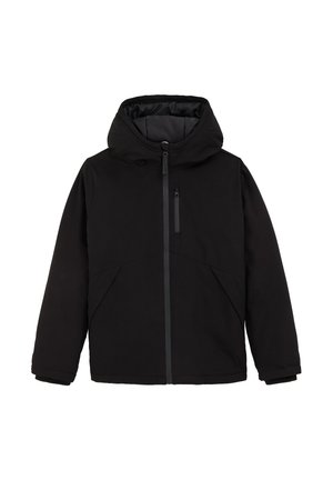 Zwarte hooded jas van glad, duurzaam materiaal. Bevat een voorrits, schuine naden en een kleine borstzak met ritssluiting.