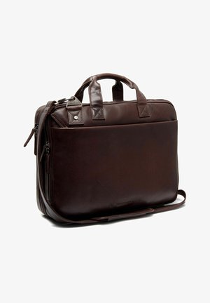 Brown leather laptop bag with dual handles, a zip closure, and a detachable shoulder strap. Features a smooth texture and minimalistic design.