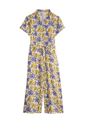 Sukienka w fasonie kopertowym z białego materiału z żółtym i fioletowym kwiatowym wzorem. Krótkie rękawy, pasek w talii i zwiewny krój spódnicy.