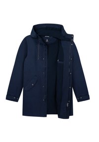 Navy wasserfeste Jacke mit Kapuze, Reißverschluss und Druckknopfverschluss, frontalen Taschen und einem weichen Innenfutter, das ein minimalistisches Design aufweist.
