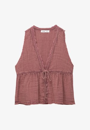 Mouwloze top met een diepe V-hals in zachte mauve stof. Kenmerkt gegolfde randen, een gestrikte voorkant en een verzamelde taille met knoopdetails.