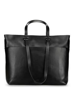 Bolso tote de cuero negro con dos asas cortas y una larga correa de hombro ajustable, forma rectangular, textura lisa.