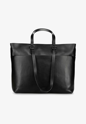 Schwarze Ledertasche mit zwei kurzen Henkeln und einem langen verstellbaren Schulterriemen, rechteckige Form, glatte Textur.