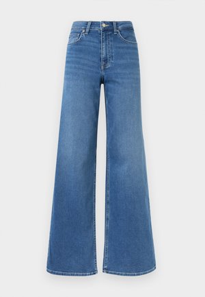 Jean en denim bleu taille haute avec jambes larges, fermeture avant à boutons et fermeture éclair, ainsi que poches avant et arrière.
