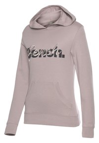 Helles rosa Hoodie aus weichem Material, mit einer Fronttasche, gerippten Bündchen und dem "Bench."-Logo in Silber und Schwarz.