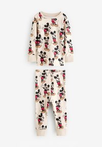 Ensemble de pyjama pour enfants sur le thème de Mickey Mouse. Tissu doux couleur crème avec des illustrations colorées de Mickey Mouse en motif répétitif. Manches longues et pantalon ajusté.