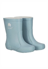 Bottes de pluie en caoutchouc bleu clair avec une semelle texturée et un embout renforcé. Présentent un bord supérieur arrondi et une doublure intérieure pour plus de confort.