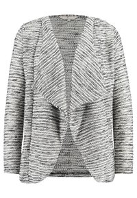 Cardigan a righe grigie e bianche con apertura frontale, tessuto testurizzato, grandi revers e vestibilità comoda. Senza chiusure.