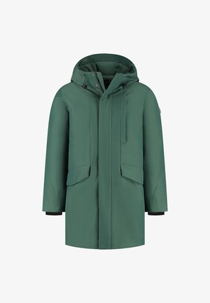 Groene gewatteerde winterjas met een voorkant rits, drukknoopsluitingen, twee klepzakken en verstelbare capuchon met trekkoorden.