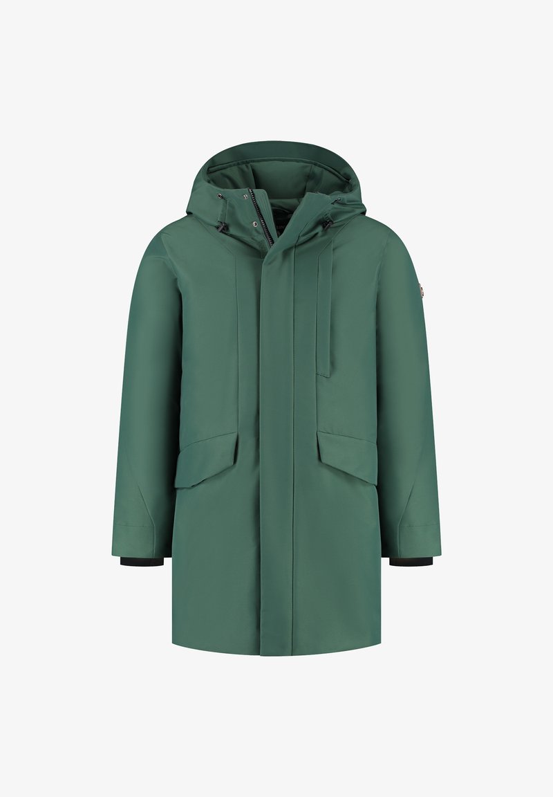 Groene gewatteerde winterjas met een voorkant rits, drukknoopsluitingen, twee klepzakken en verstelbare capuchon met trekkoorden.